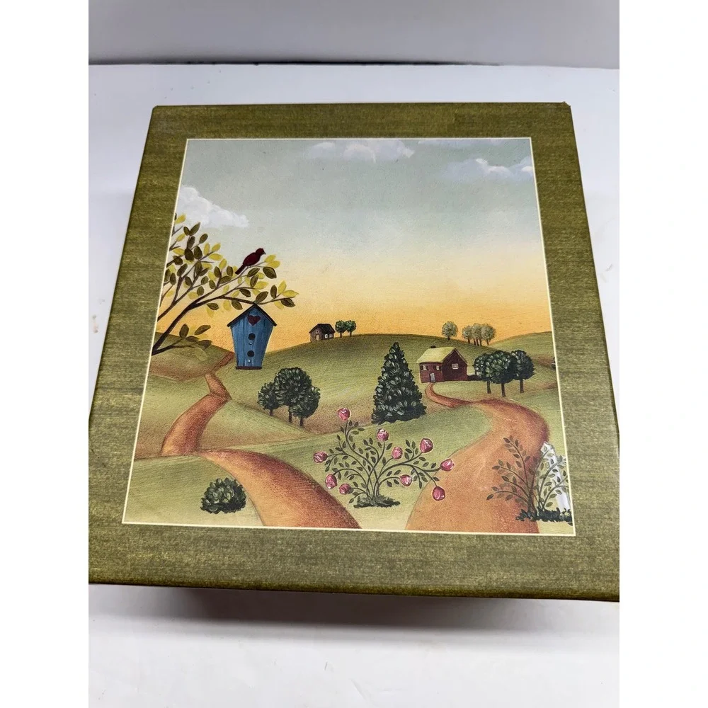 Folk Art Pastoral Landscape Decorative Storage Box Green Country Scene Barn